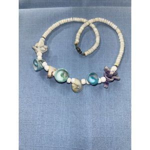 Tropical Hawaiian Puka/Heishi Shell Necklace with Glass Beads Teal Purple Yellow